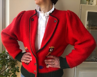Cárdigan de punto Trachten rojo vintage. Manga larga de lana de punto de hojaldre cárdigan bordado. Tamaño L