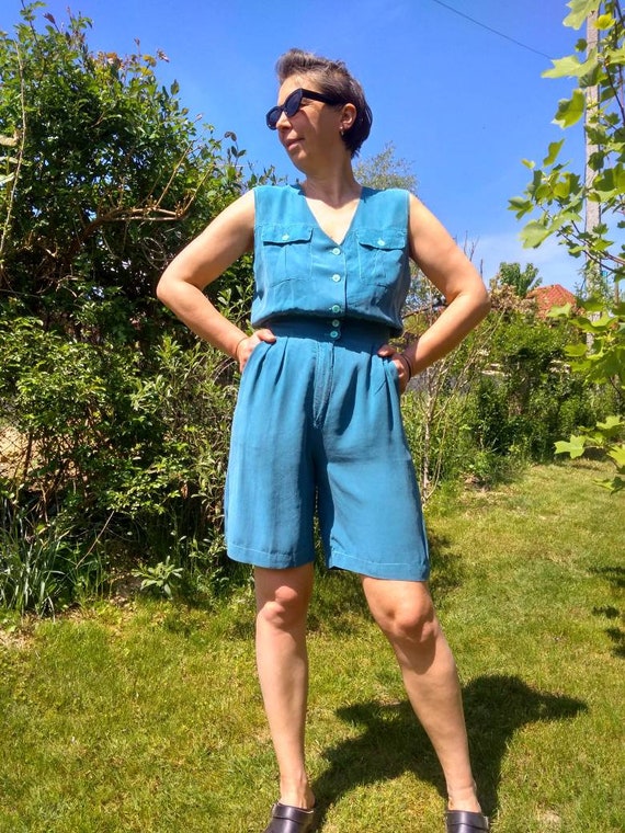 Vintage 80s silk jumpsuit. Teal color summer rompe