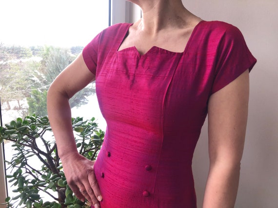 Vintage 80-90ss magenta pink raw silk mini dress.… - image 2