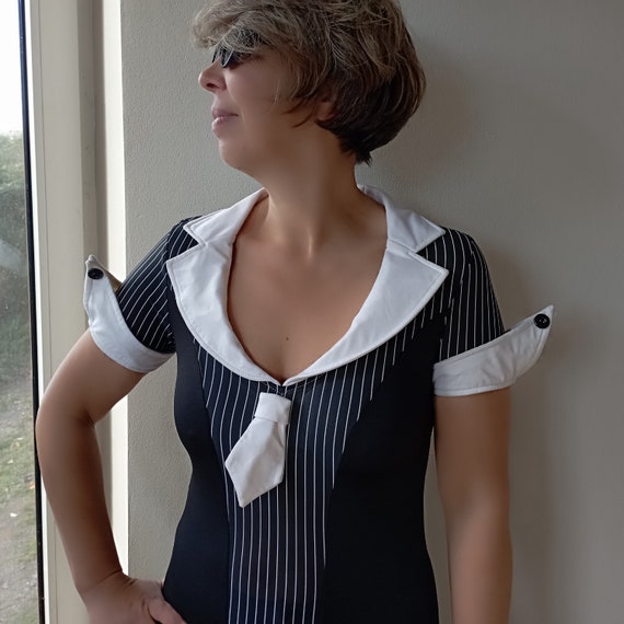 Vintage 90s does 70s stretch striped black and wh… - image 10