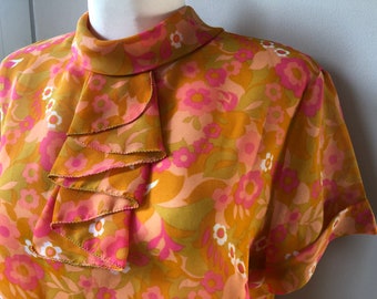 Vintage 60s blouse with jabot collar. Bright floral print back buttoned blouse. M/L size