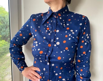 Vintage 70s Dagger Collar Blue polkadot Blouse. Women’s long sleeve retro shiet. S size