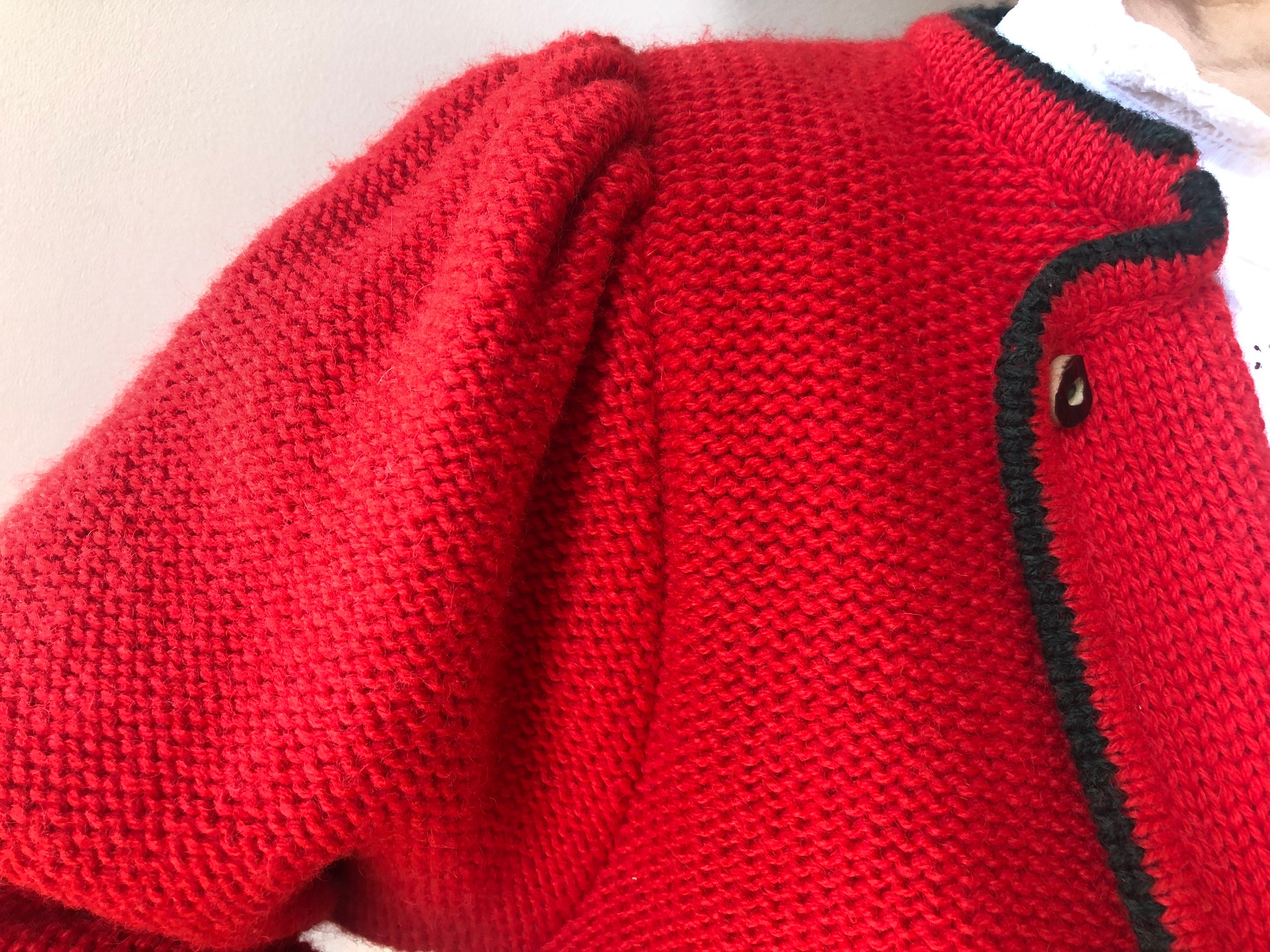 Vintage Red Trachten Knit Cardigan. Long Puff Sleeve Wool Vintage Red Trachten Knit Cardigan. Long Puff Sleeve Wool