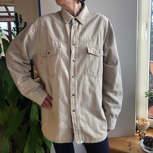 Vintage 90s men&#39;s jeans shirt. Stonewashed khaki lightweight jeans shirt. L size.