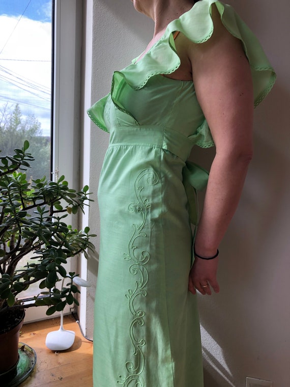 Vintage 70s pinafore dress. Light green cotton fr… - image 9