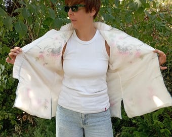 Vintage 80s off White Chinese Hand Embroidered Silk Jacket