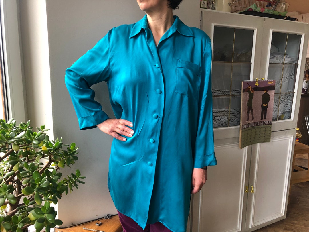 Vintage 90s Turquoise Silk Robe. Front Buttoned Blue Silk House Dress. M Size. Etsy