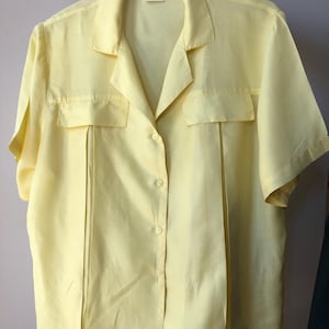 Vintage 80s yellow silk blouse. Button down short sleeve silk blouse. S/M size.