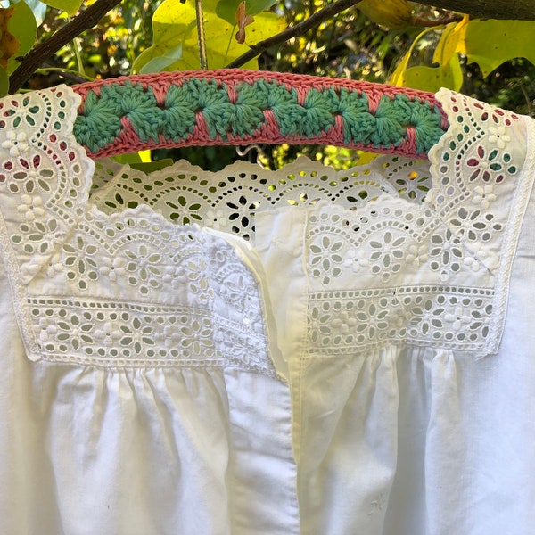 Antique cotton nightgown with eyelet lace details. Early 20 century soft cotton 3/4 sleeve nightwear.