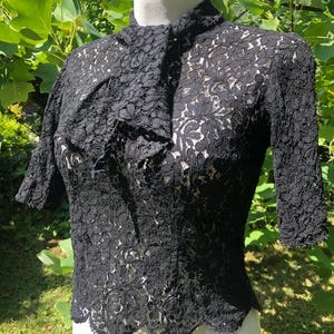 Vintage 50s, 60s black lace blouse. Back buttoned half sleeve sheer blouse.
