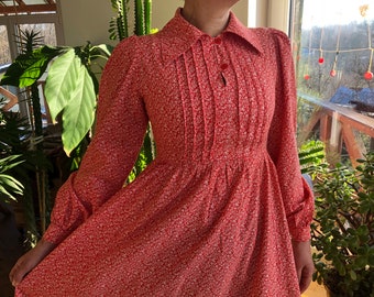 70s Laura Ashley Prairie Dress, Red Floral Cotton Maxi, Pintucked Bodice, Size M