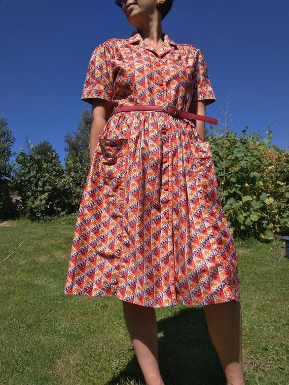 60s retro dress Vintage 60s Style Red Floral Print Dress, Puff Sleeves, Size M