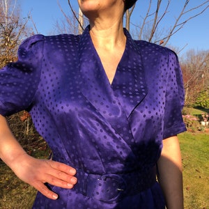 Vintage 80s midnight blue polka dot silk dress. YESSICA Puffy sleeve midi dress. image 2