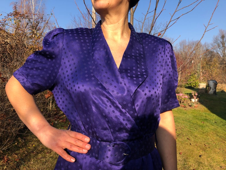 Vintage 80s midnight blue polka dot silk dress. YESSICA Puffy sleeve midi dress. image 2