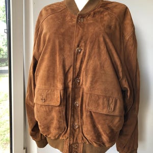 Vintage 80&#39;s brown bomber jacket. Tobacco brown suede bomber. XL size