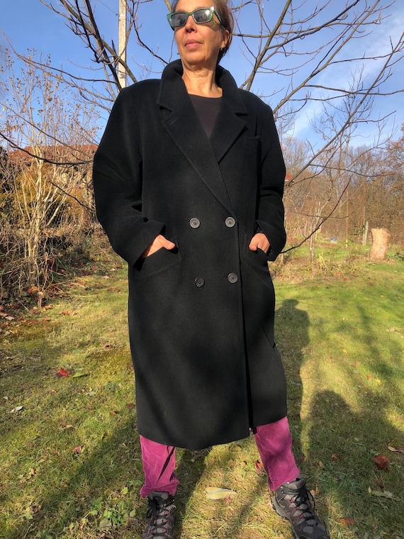 ジャケット・アウター 90s archive super long wool coat Vintage 90s Black Wool Double Breasted Coat. Merinos Wool Blend