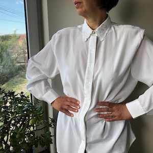 White Chiffon Ribbon Formal Shirts for Women for Women - Elegant V-Neck Pullover Top with Long Sleeves, Bow Detail, and Loose Fit