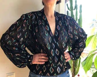Vintage 80s transparent black wrap blouse with rainbow lurex diamond pattern. Sheer balloon sleeve party blouse.