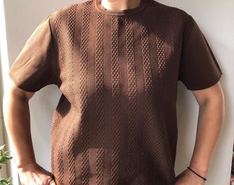 Vintage 70s brown knit polo shirt. Polyester jersey men’s polo. S/M size