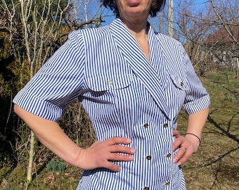 Vintage 80-90ss Mariner style striped short sleeve Blouse. Double breasted women’s blouse. M size.