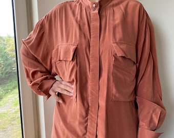 Vintage 90s brick brown silk long sleeve blouse. L size women’s silk blouson.