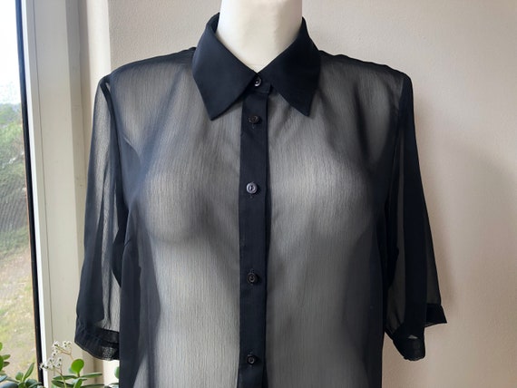 Vintage black sheer blouse. Short sleeve transpar… - image 2