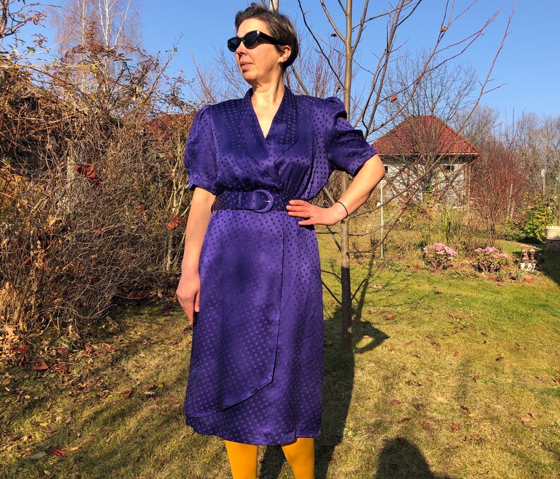 Vintage 80s midnight blue polka dot silk dress. YESSICA Puffy sleeve midi dress. image 1