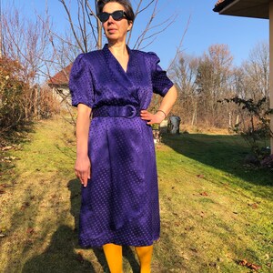 Vintage 80s midnight blue polka dot silk dress. YESSICA Puffy sleeve midi dress. image 7