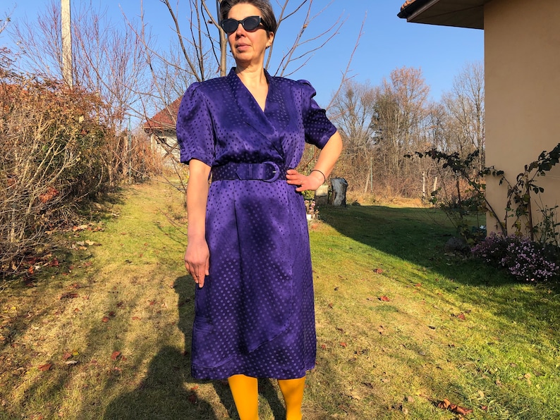 Vintage 80s midnight blue polka dot silk dress. YESSICA Puffy sleeve midi dress. image 7