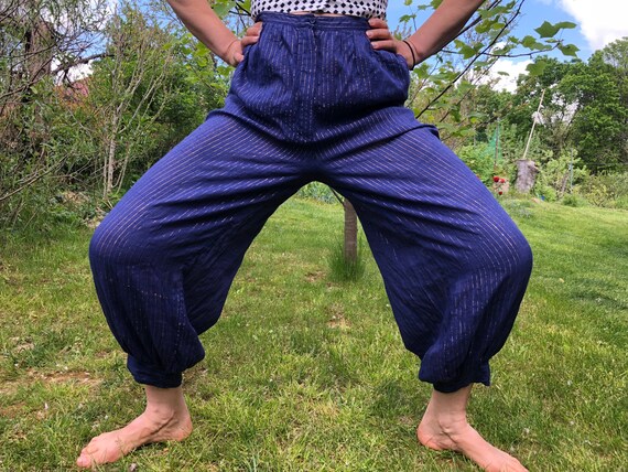 Pantalones bombachos antiguos. Pantalon de gasa de algodon lurex azul con dorado. Talla M L. Etsy Espana