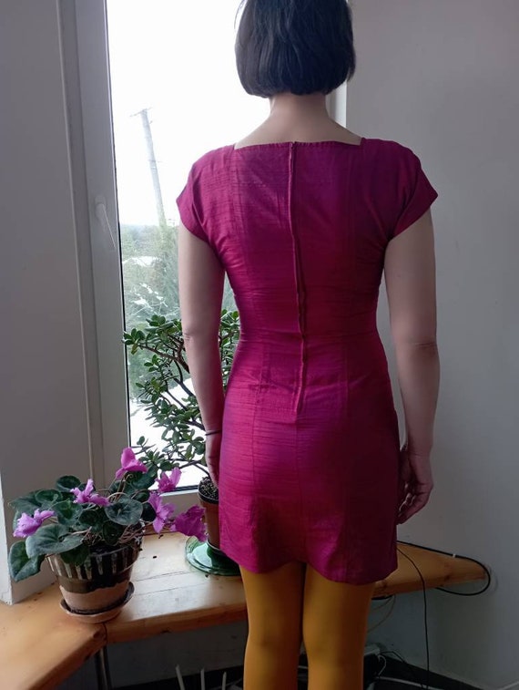 Vintage 80-90ss magenta pink raw silk mini dress.… - image 8