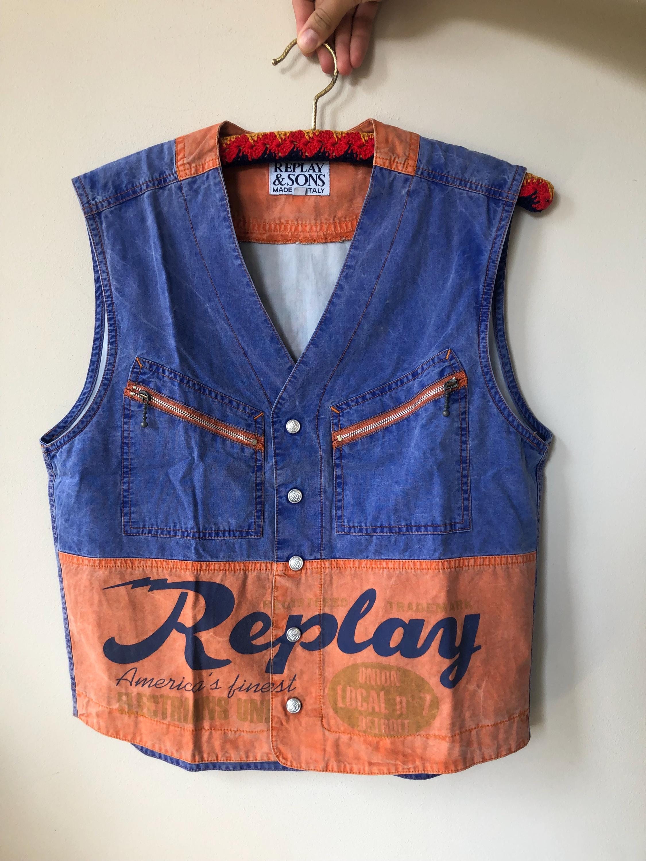 Vintage REPLAY Blue Orange Denim Vest. Jeans Vest on Snaps. M Size 