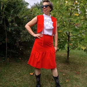 Vintage 70s red velvet skirt and vest set. Red velvet asymmetric ruffled skirt.