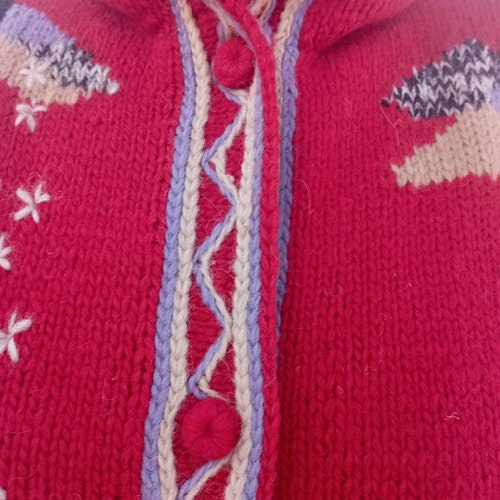 Vintage 80-90ss red wool hand knitted hooded cardigan shops decorated with embroidery. M size.