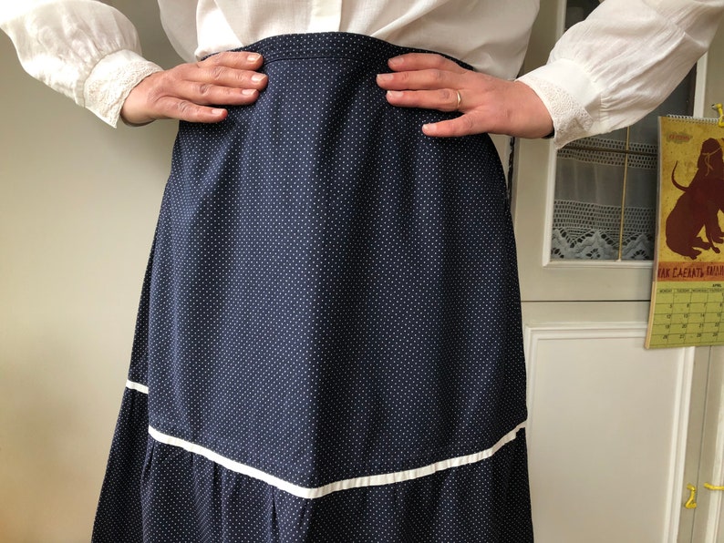 Vintage black white polka dot skirt A-line cotton midi skirt L size