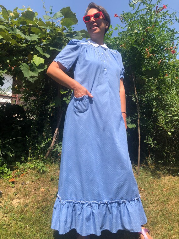 VINTAGE 60s 70s NAVY BLUE WHITE POLKA DOT OP ART DRESS 12