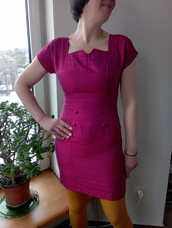 Vintage 80-90ss magenta pink raw silk mini dress.… - image 7