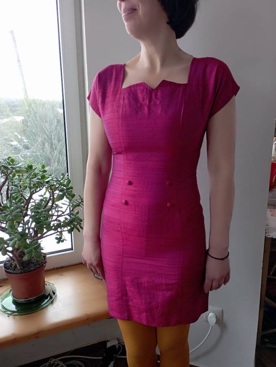 Vintage 80-90ss magenta pink raw silk mini dress.… - image 4