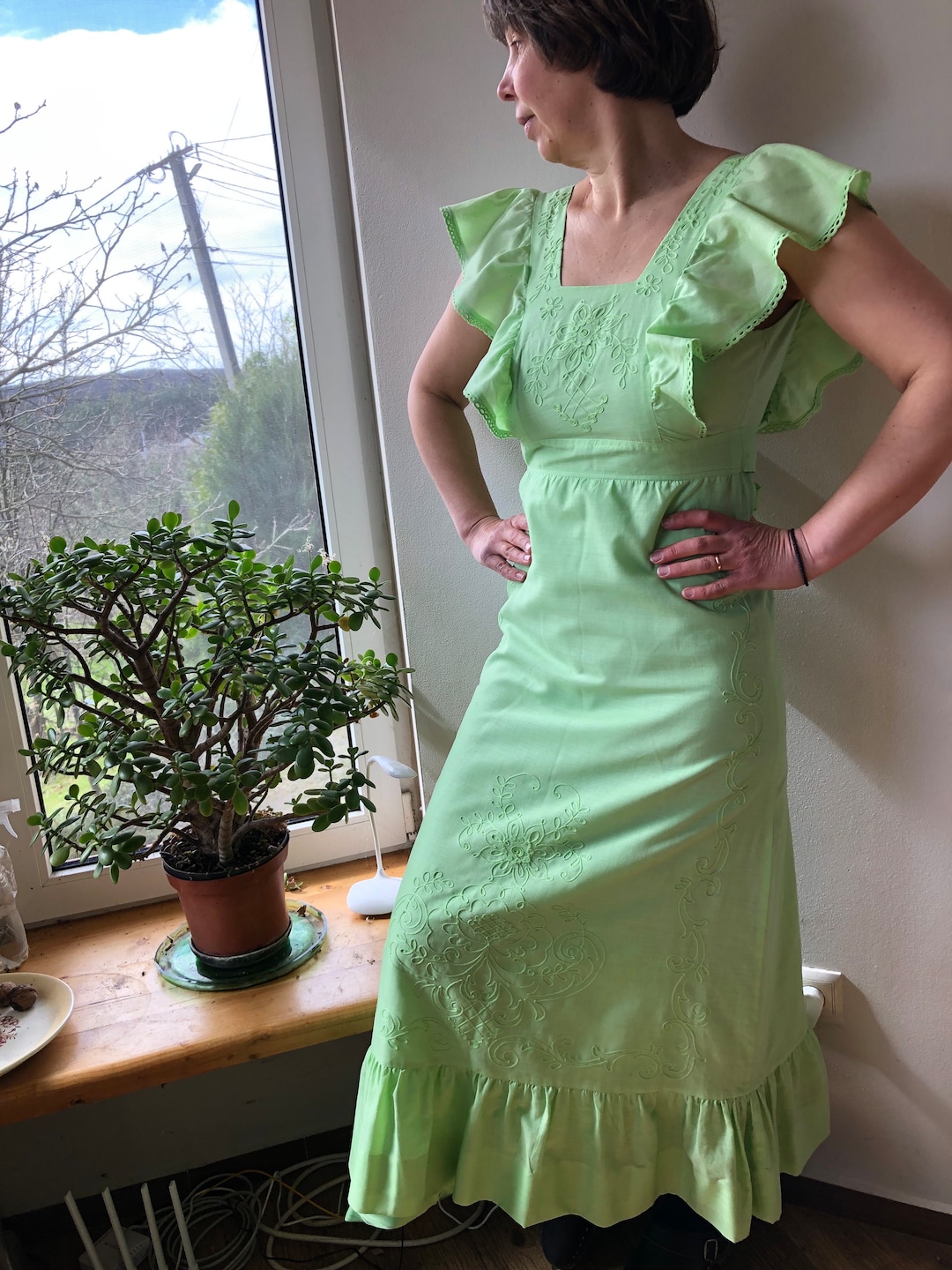 Adorable 70s Polkadot Cotton Pinafore Maxi Dress