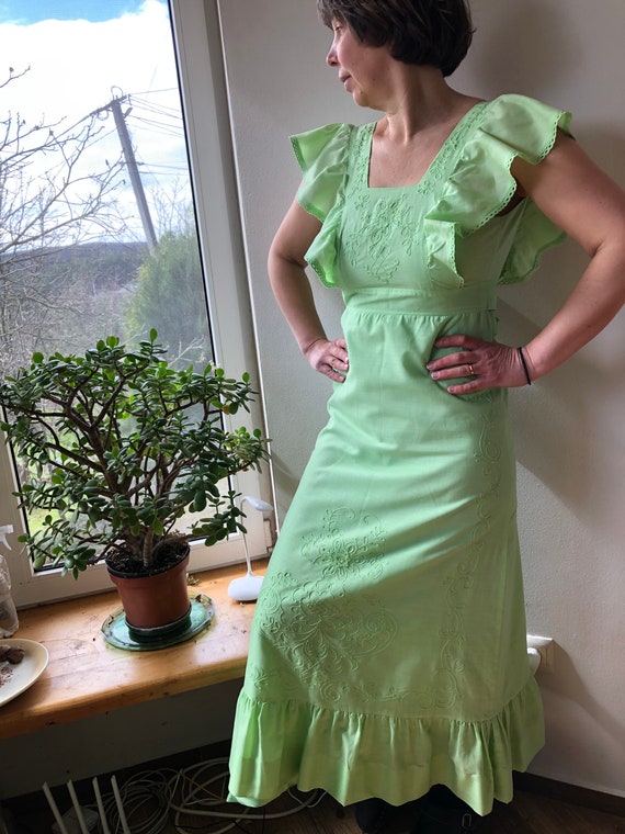 Vintage 70s pinafore dress. Light green cotton fr… - image 1