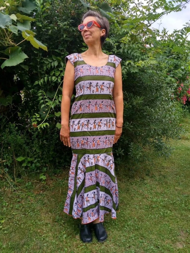 Vintage hand made African ethno style colourful dress with wide hardness.