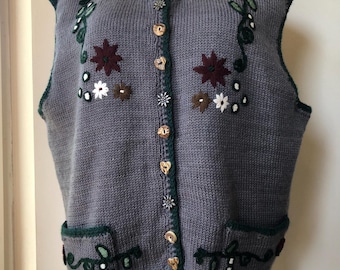 Chaleco vintage de punto de lana estilo folk. Chaleco gris de punto de lana bordado. Chaleco estilo Trachten. Talla L/XL.