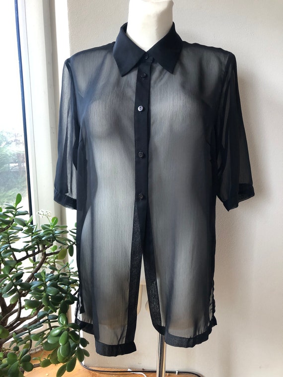 Vintage black sheer blouse. Short sleeve transpar… - image 9