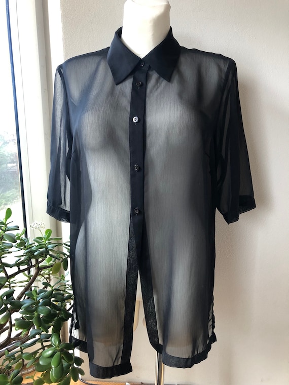 Vintage black sheer blouse. Short sleeve transpar… - image 1