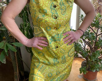 Vintage 60s acid green silk mini dress. Paisley print mini dress. M size.