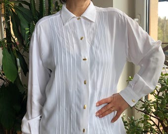 blouse blanche à manches longues vintage des années 90. Chemisier élégant pour femme. Taille M.