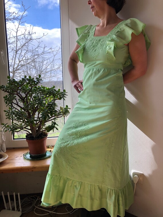 Vintage 70s pinafore dress. Light green cotton fr… - image 4