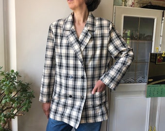 Vintage 80s double breasted blazer. Ivory black plaid cotton blazer.