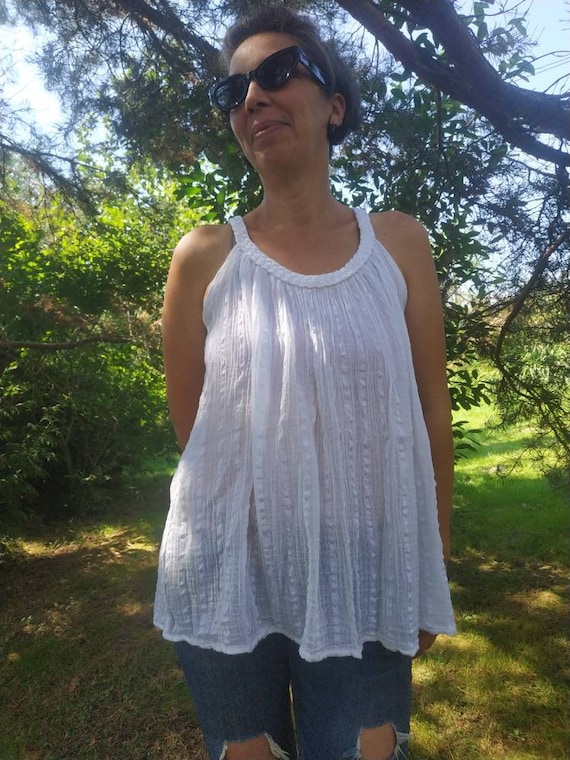 Vintage Greek white gauze top. BOHO gauze sleevele