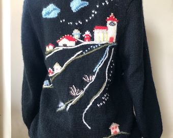 Vintage landscape knit cardigan. Folk style black wool hand knitted sweater. M size
